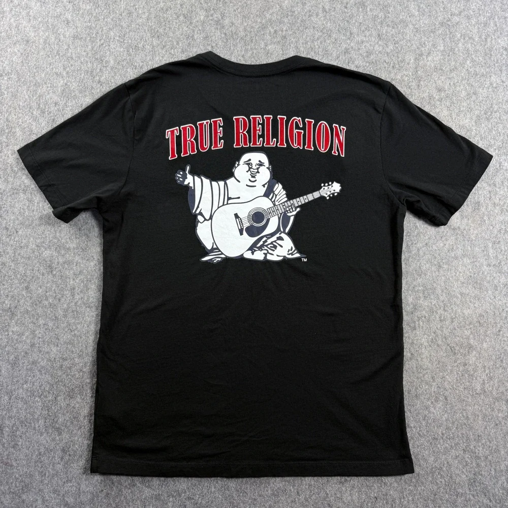 True Religion Mens Large Black Short Sleeve Red Horseshoe Logo Graphic T-Shirt